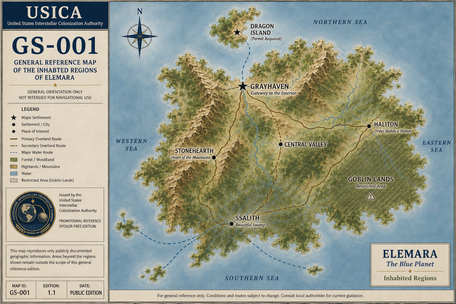 General reference map of the inhabited regions of Elemara